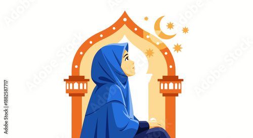 A Muslim woman in blue hijab prays, framed by an ornate Islamic archway with crescent moon and stars, symbolizing faith, devotion, and cultural heritage.