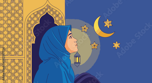 A devout Muslim woman in a blue hijab gazes thoughtfully at the crescent moon and twinkling stars during a peaceful night, evoking spiritual reflection and prayer.