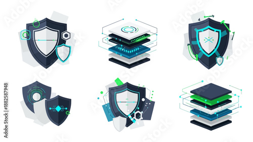 A collection of six vector shield icons with various technological and computing elements on a white background, conveying a sense of security and.