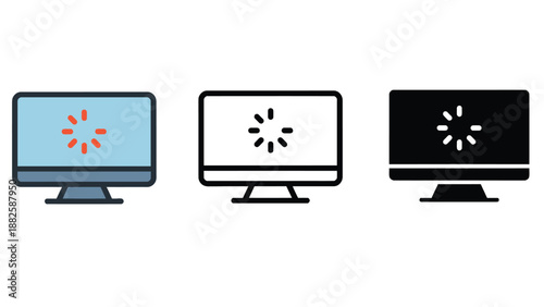 Three computer monitors with loading icons on their screens