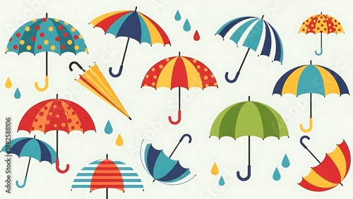 Colorful umbrellas with various patterns and raindrops on white background weather
