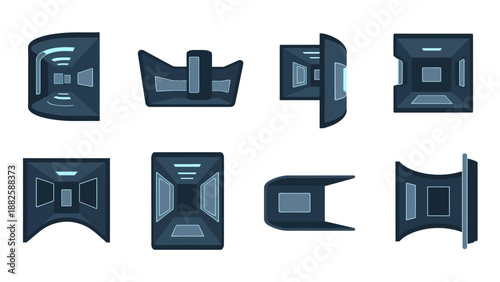 Vector graphics depicting various technology background elements with a futuristic and sleek design, showcasing different computer and AI-related components on a clean white background.