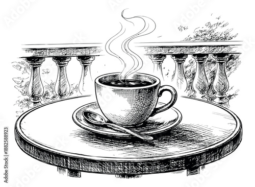 Hand drawn line art illustration of a coffee cup depicting steaming hot coffee on a cafe table for a relaxing morning
