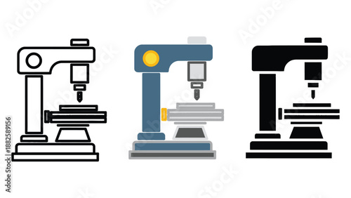 Three different milling machines in various colors on a white background