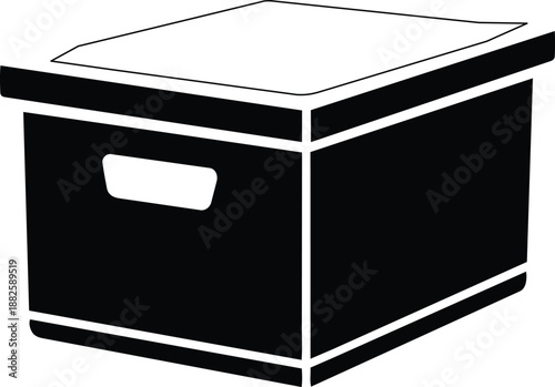 Simple black and white icon illustration of a cardboard storage box with a lid