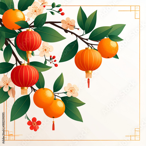 Chinese New Year festive illustration with lanterns, orange fruits, and blossoms on a branch with a decorative border.