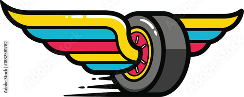 Vibrant illustration of a wheel with wings in motion, symbolizing freedom and speed in a dynamic vector art style