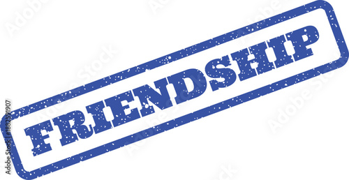 A textured blue rectangular stamp impression clearly displays the single word Friendship in a bold font