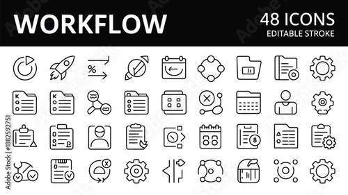 Workflow line icon set with editable stroke for process management and business operations
