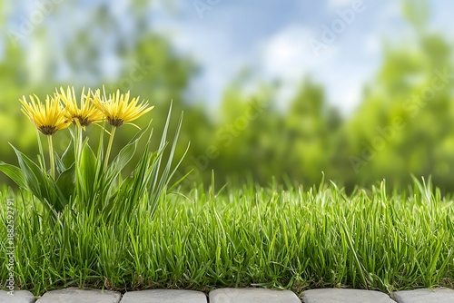 Lush Green Grass with Bright Yellow Flowers and Soft Blue Sky Background in Natural Setting