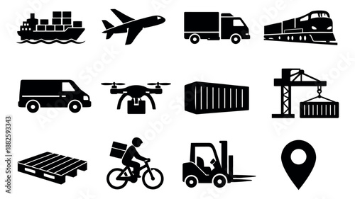 Minimalist pictogram logistics and transportation set featuring freight vehicles, delivery methods, and shipping equipment for global supply chain operations
