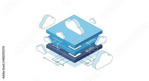 Cloud Storage Servers Stacked Together with Cloud Symbols Surrounding the Storage Devices