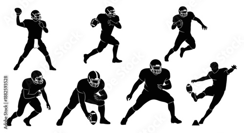American Football Players in Various Action Poses Silhouettes.