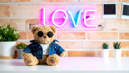Stylish teddy bear with sunglasses under neon “Love” sign on brick wall