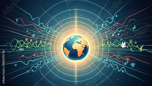 Glowing earth with radiant lines and graphs in space