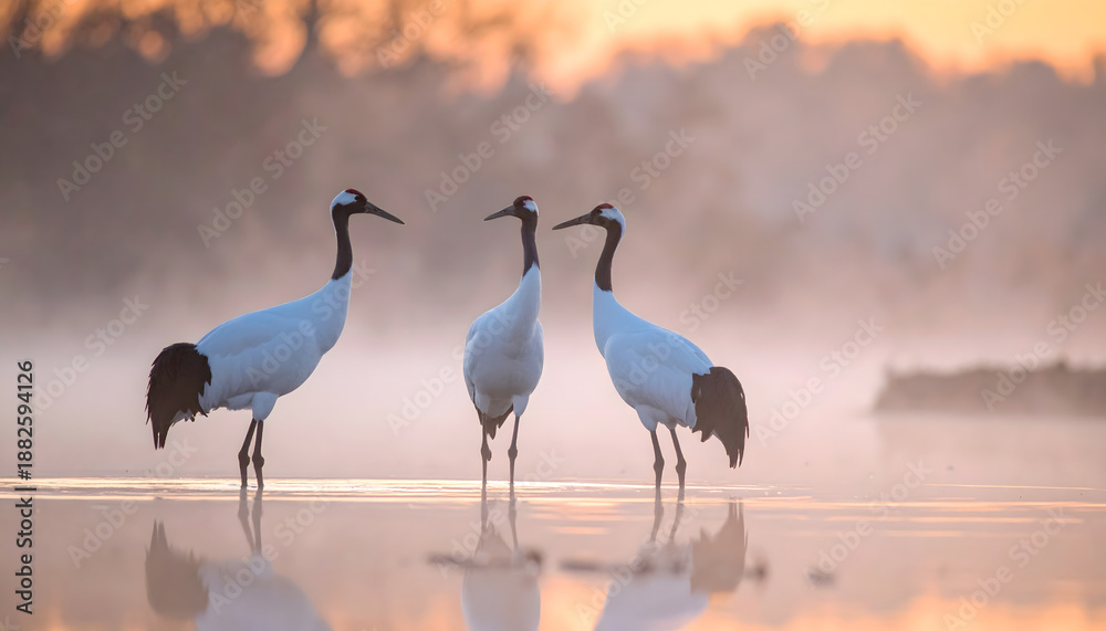 Obraz premium 朝霧の湿原に立つ丹頂鶴