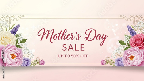 Mother's day sale banner with flowers and discount offer