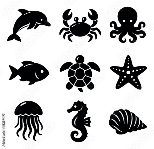 Simple graphic sea creatures set featuring a dolphin, crab, octopus, fish, turtle, starfish, jellyfish, seahorse, and seashell for ocean and aquatic themes