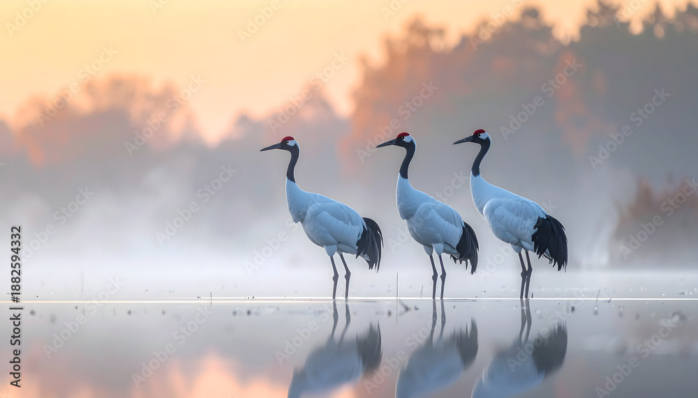 Obraz premium 朝霧の湿原に立つ丹頂鶴