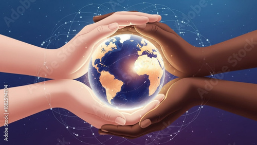 Diverse hands holding glowing earth symbolizing global unity