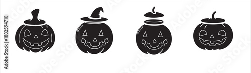 Halloween pumpkin illustration set featuring scary jack o lantern faces elegant decorative gourds monochrome vector collection design elements for branding, vector illustration.