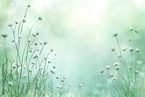 Gentle Green Meadow with Delicate White Flowers in Soft Focus Nature Background