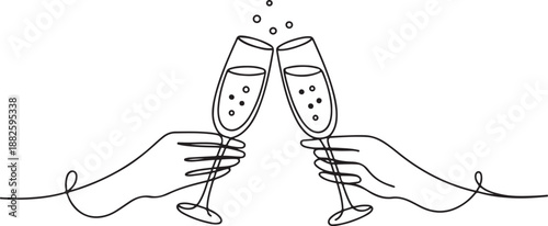 Continuous line champagne cheers one line art, continuous drawing contour. Hands toasting with wine glasses with drinks. Cheers toast festive decoration for holidays. Vector illustration
