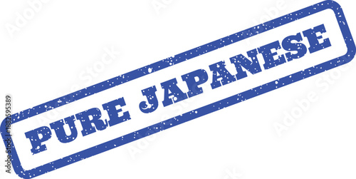 Blue aged rubber stamp impression featuring the phrase pure japanese, representing national character