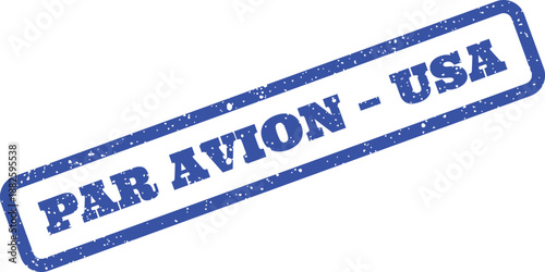 Blue rubber stamp indicating airmail service to the United States of America with textured grunge effect