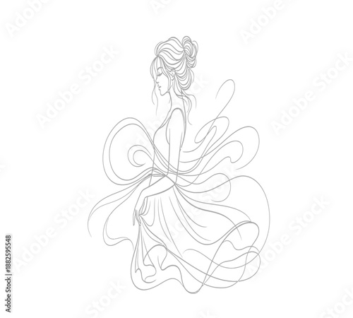 Elegant woman in flowing dress a delicate sketch with swirling lines and artistic flair