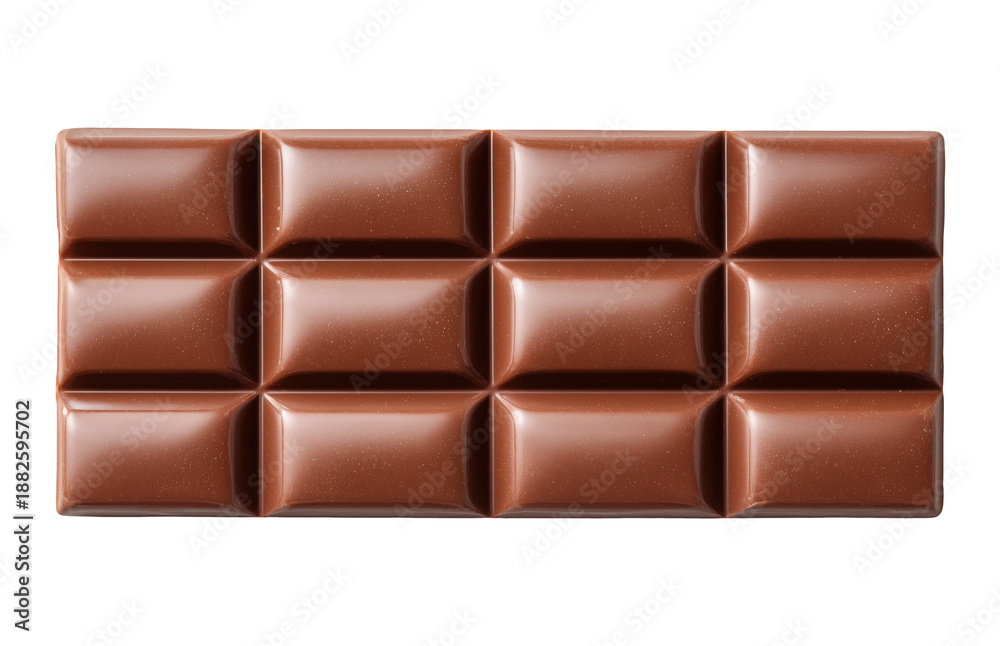 Obraz premium Milk chocolate bar divided into rectangular squares showing classic segmented pattern, isolated on transparent background