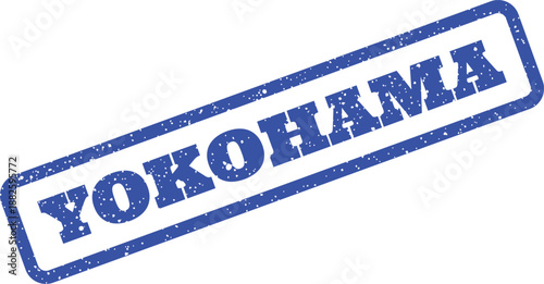 Diagonal blue stamp impression for the city of Yokohama Japan indicating an international travel destination