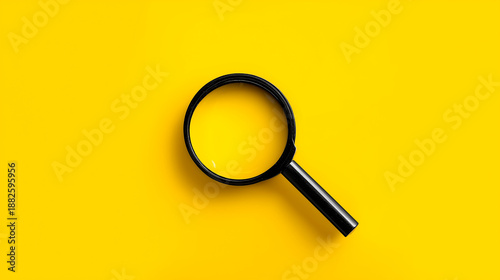 Magnifying glass on yellow background. Loupe search symbol, zoom tool, magnifying glass. Research, investigation, explore concept. Science tech innovation. Black magnifying glass, simple design
