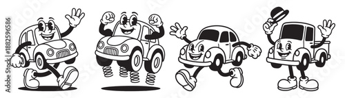 Car and Pickup Truck Mascot Characters Set