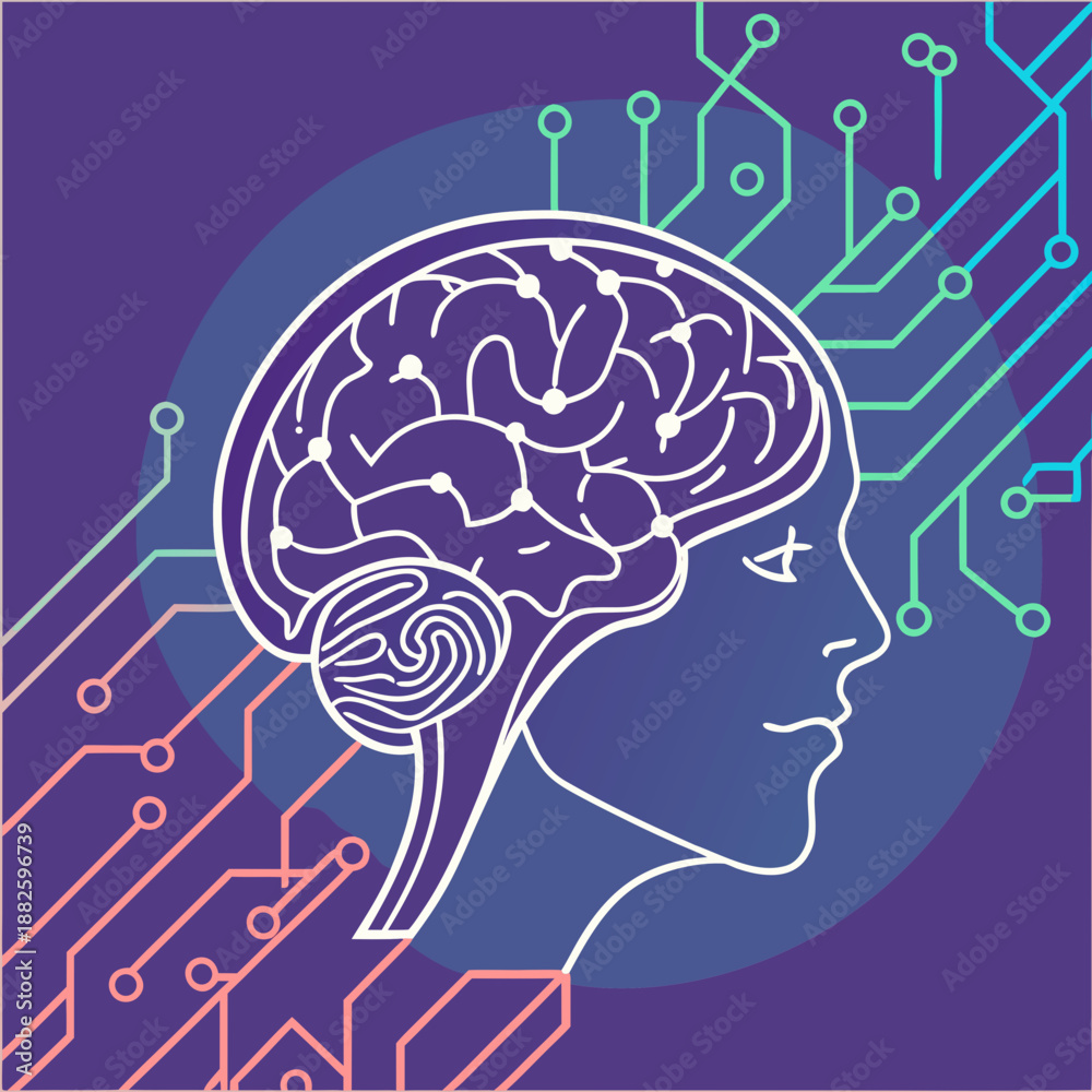 Obraz premium Conceptual AI Brain Illustration with Digital Network Lines