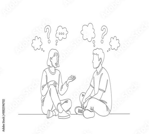 Two people in conversation surrounded by thought bubbles filled with question marks