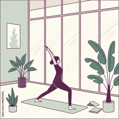 Yoga Poses in Serene Studio with Plant Accents Illustration