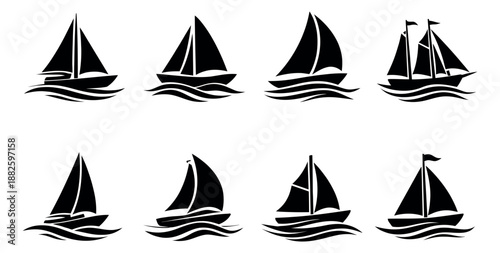 Graphic sailboat icons set featuring different sailing boats with waves for nautical and maritime themes