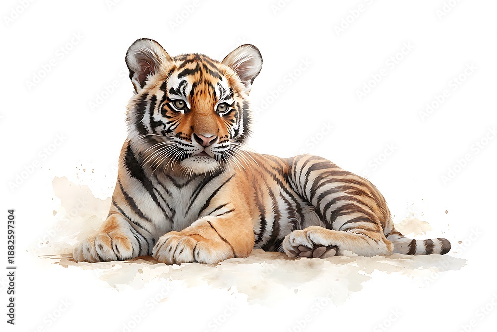 Obraz premium Young tiger resting elegantly on a soft surface, showcasing its beautiful stripes and features