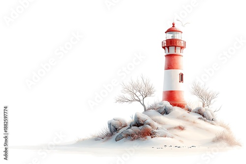 Vibrant Red and White Lighthouse on Snowy Rocky Shoreline with Minimalist Winter Landscape