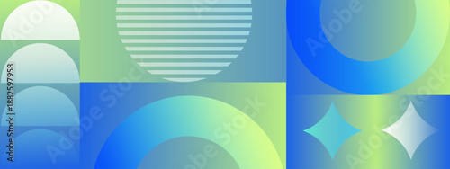 A collection of abstract geometric shapes including semicircles and stripes featuring a vibrant blue and green gradient