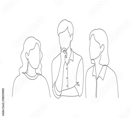 Minimalist line art depicting three individuals in thoughtful poses facing forward together
