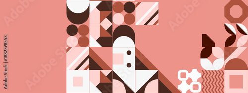 Warm brown and terracotta geometric composition featuring various abstract shapes in a mosaic style layout