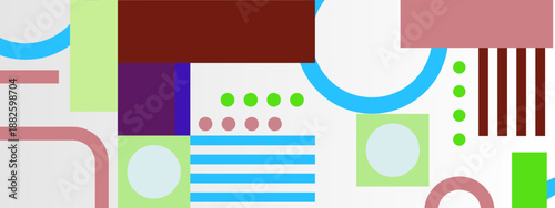 Multi-colored geometric arrangement featuring soft pastels and deep brown blocks with varied graphic textures