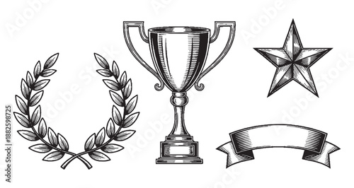 Trophy Set with Laurel Wreath Star and Blank Ribbon Banner