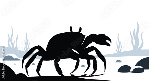 Captivating minimalist illustration showcasing the distinct silhouette of a crustacean, a crab, moving with purpose across a stylized ocean bed with understated aquatic elements