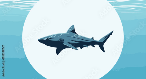 A powerful shark illustration in profile, swimming in clear blue water, representing ocean life and marine predators in a stylized design