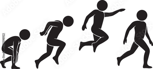 Standing long jump position stick figure sportsman vector icon illustration set. Leap sequence move silhouette
