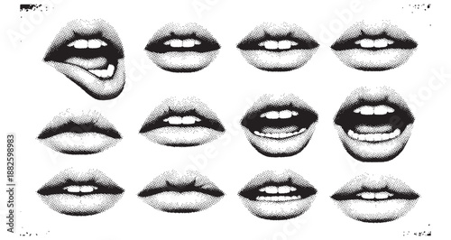 Set of Female Lips with Various Expressions and Mouth Poses