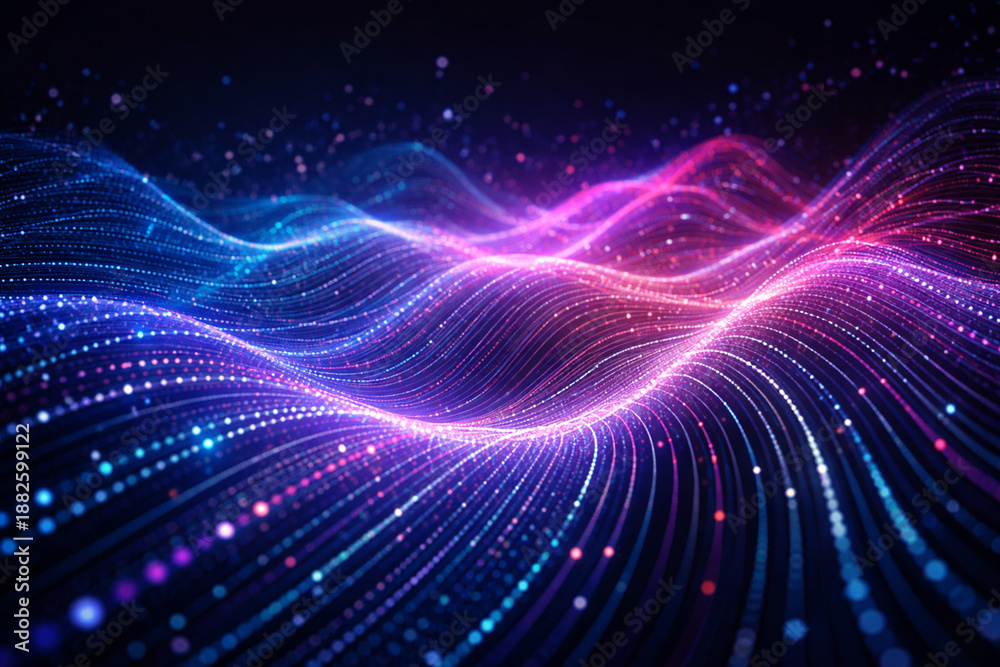 Obraz premium Digital Waves of Innovation: A mesmerizing illustration of flowing digital waves, illuminated with radiant colors and intricate particles.